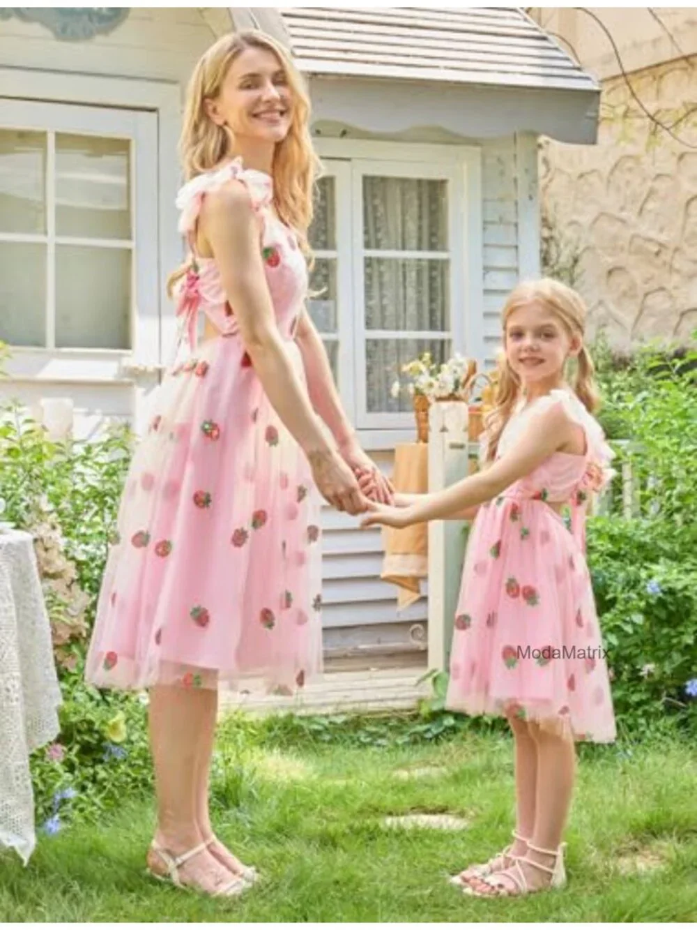 Girls Strawberry Sequined Tulle A-Line Dress Flutter Sleeve Bow Back